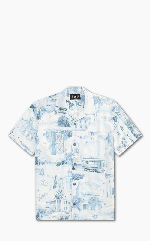 RRL Camp Shirt Postcard-Print Linen-Cotton Cream/Blue