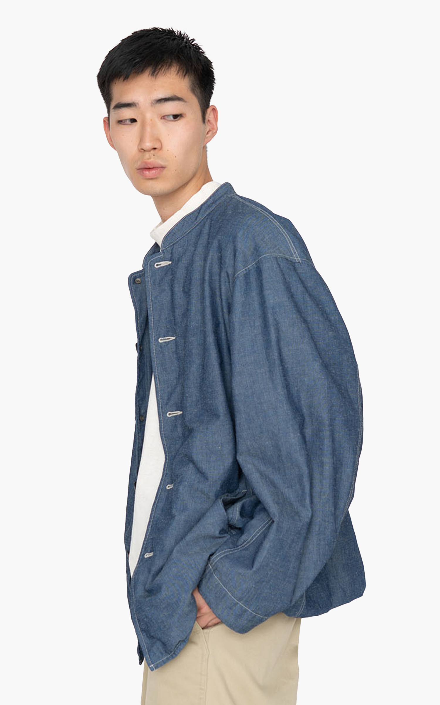 Nanamica Chambray Band Collar Jacket Indigo | Cultizm