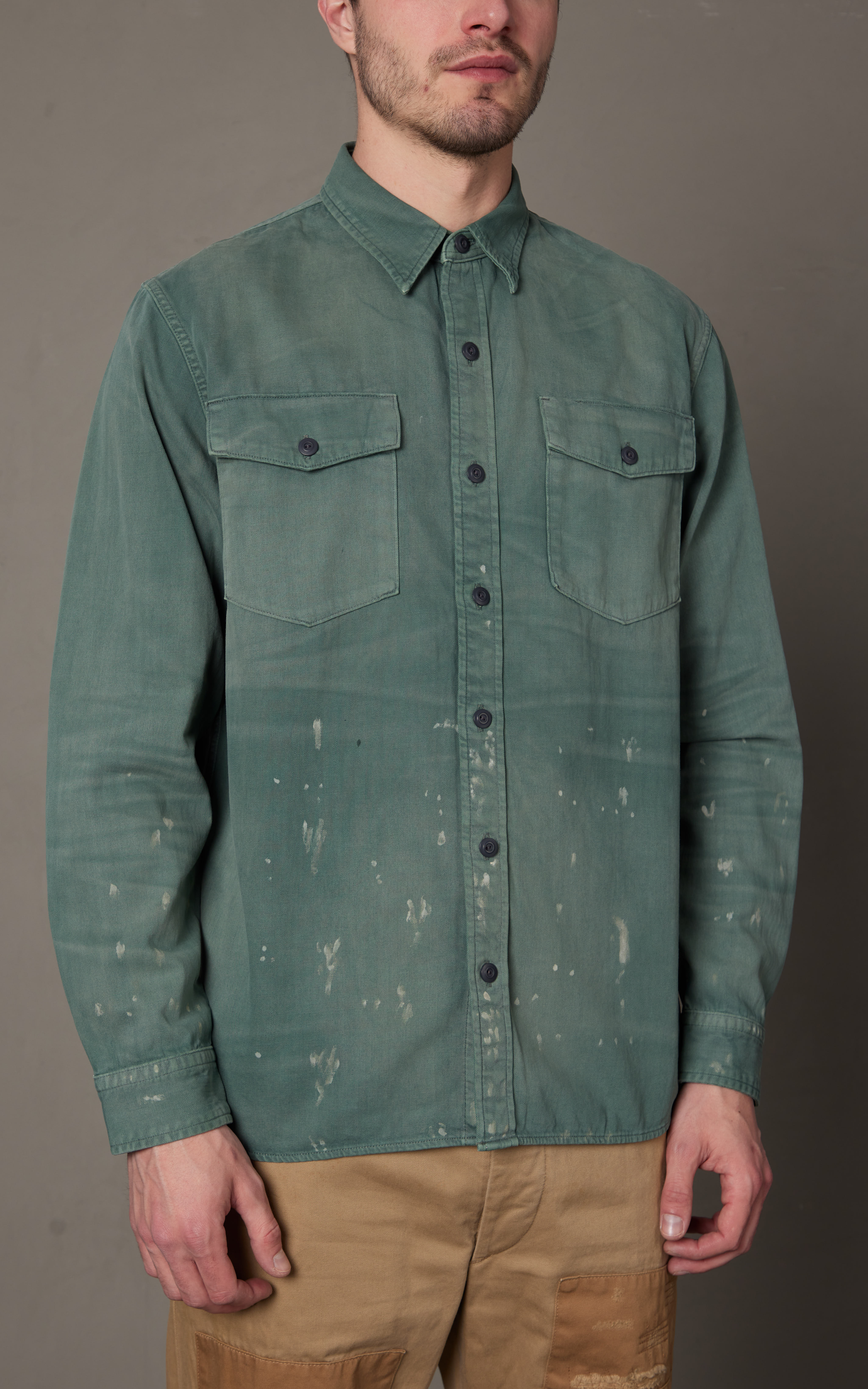 RRL Distressed Twill Workshirt Service Green | Cultizm