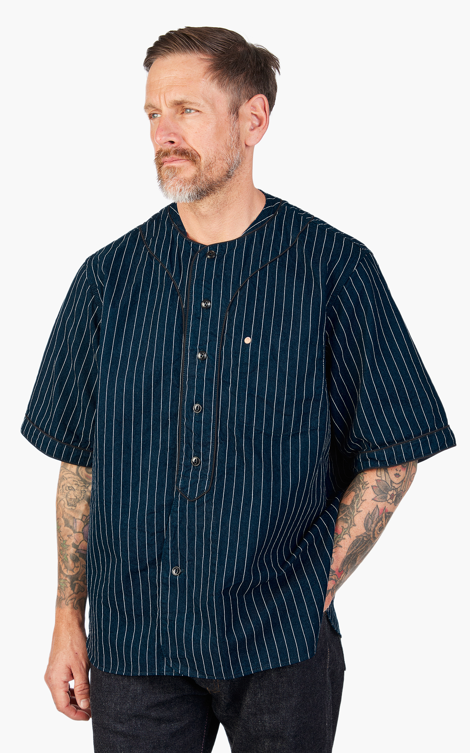 Momotaro - MSS1040M31 - INDIGO STRIPE BASEBALL SHIRT - Pinkomo