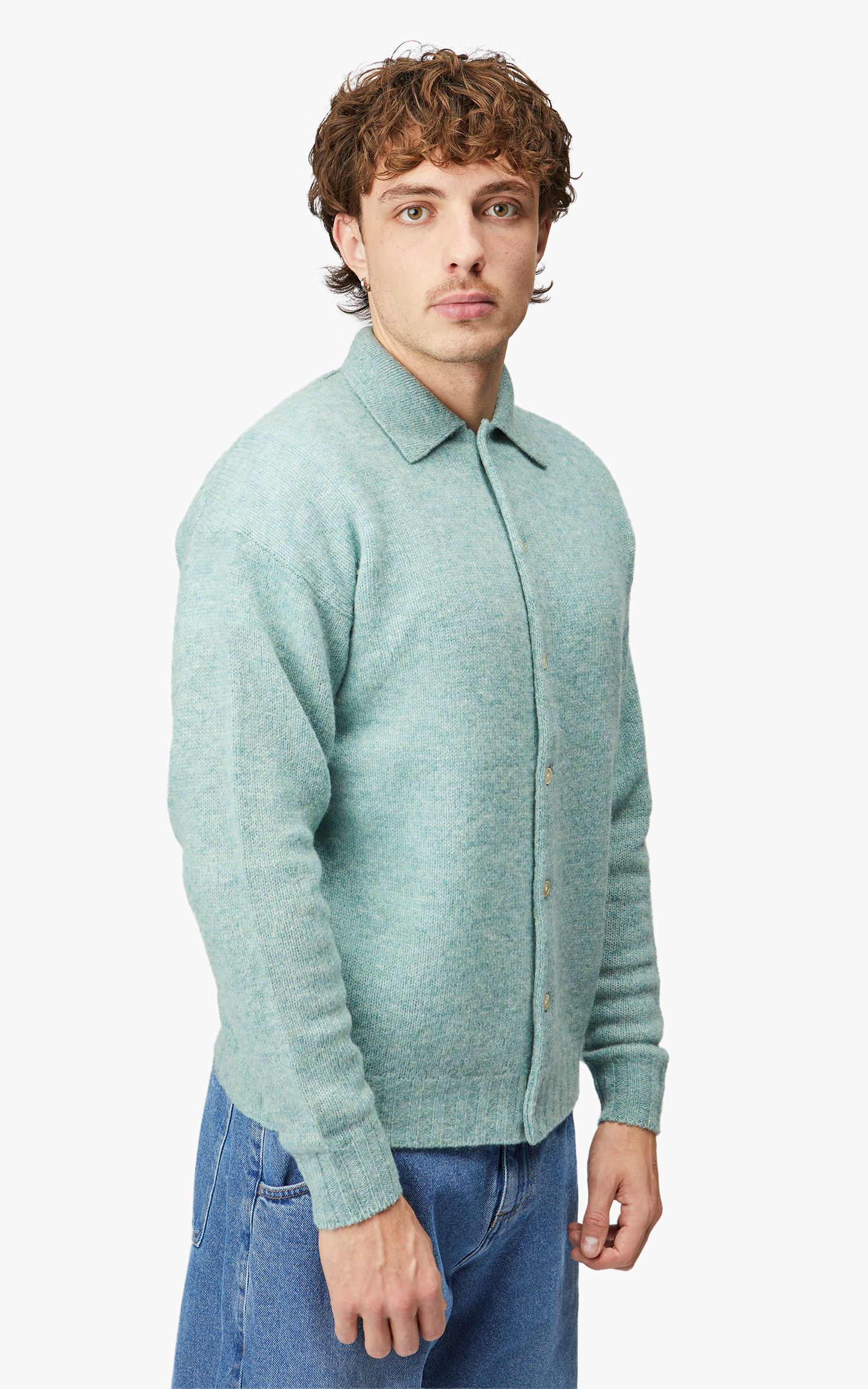 Auralee Shetland Wool Cashmere Knit Cardigan Top Blue Green | Cultizm