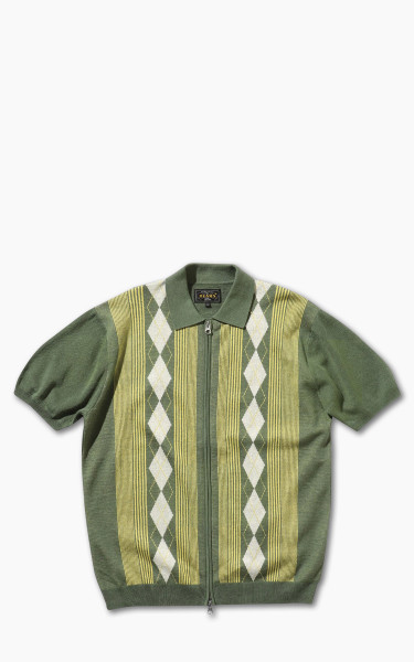 Beams Plus Ramie Cotton Jacquard Stripe Knit Polo Shirt Green