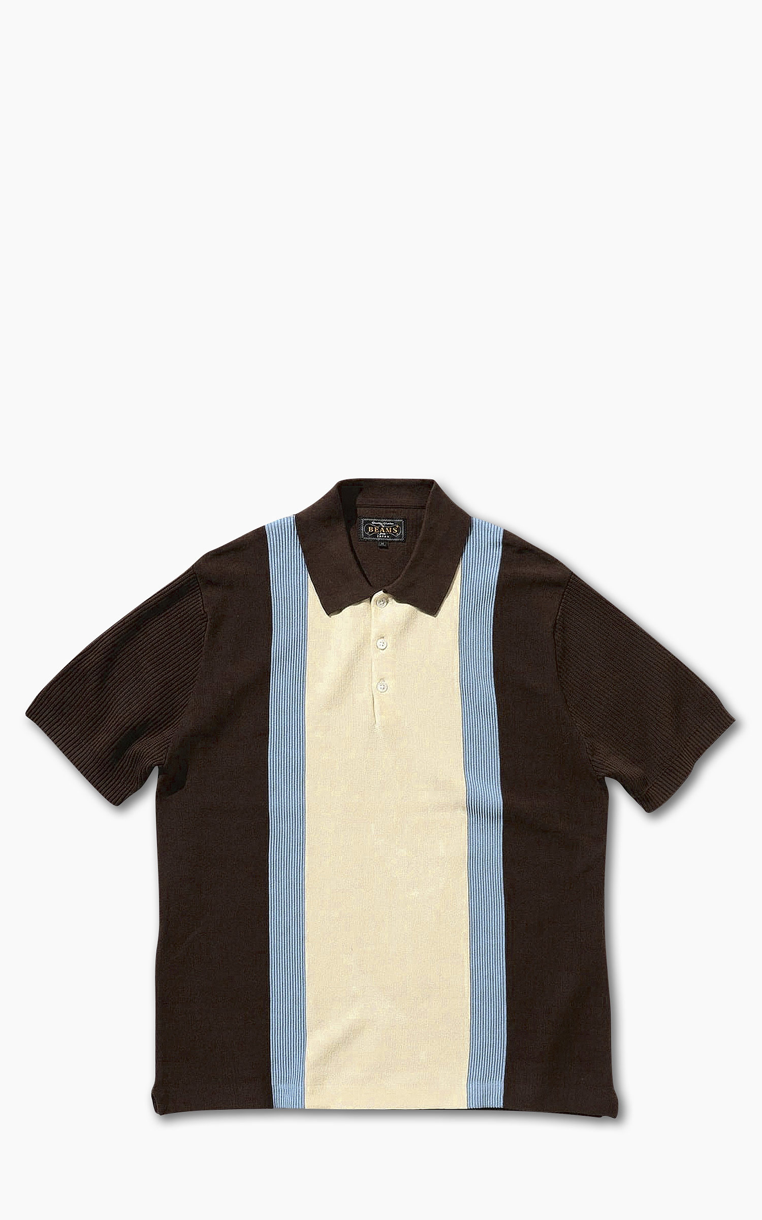 Beams Plus Cotton Knit Striped Polo Shirt Brown
