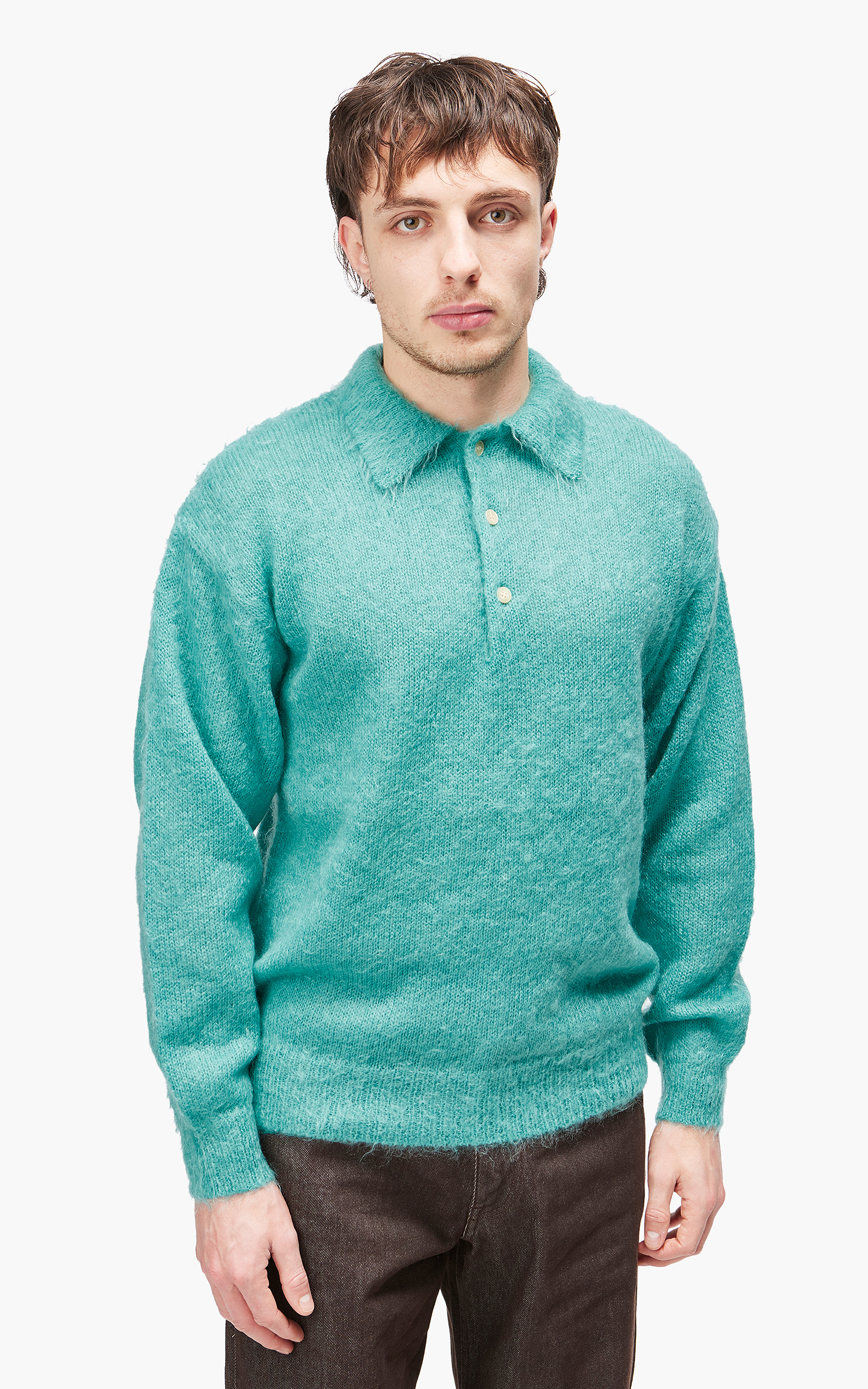 Auralee Brushed Super Kid Mohair Knit Polo Blue | Cultizm