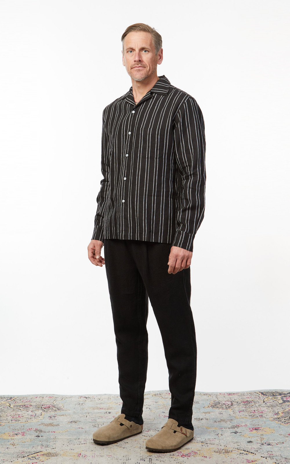 Black Linen-Rayon Open Collar S/S Shirt 黒 XXL 開襟シャツ