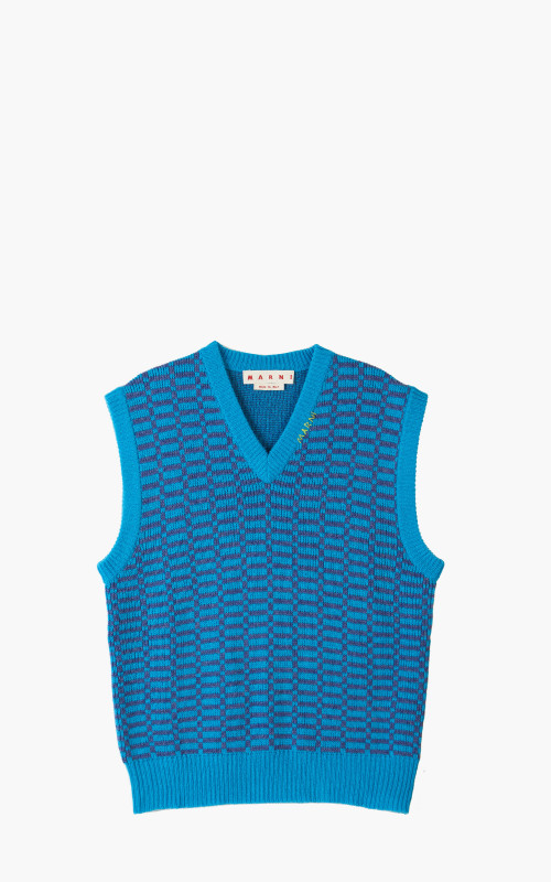 Marni V-Neck Vest Shetland Check Virgin Wool Vivid Blue