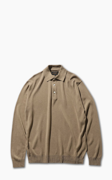 Beams Plus Knit Long Sleeve Polo Shirt Khaki