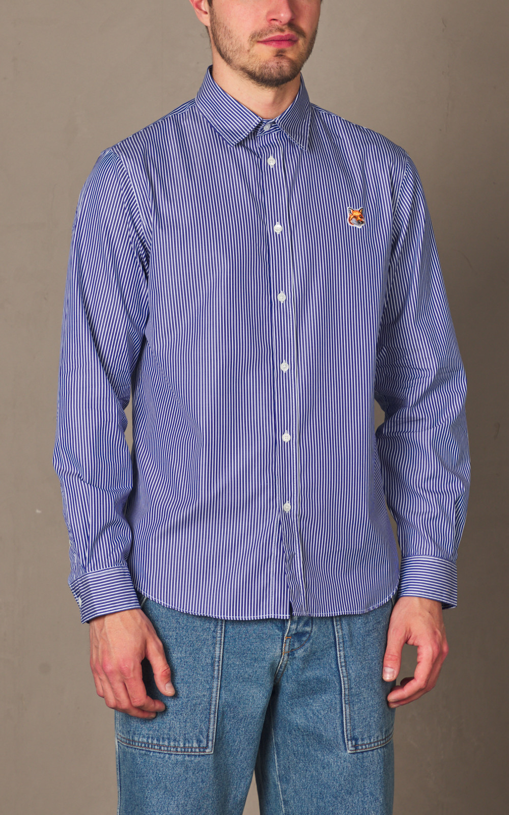 Maison Kitsuné Fox Head Classic Striped Shirt Navy | Cultizm
