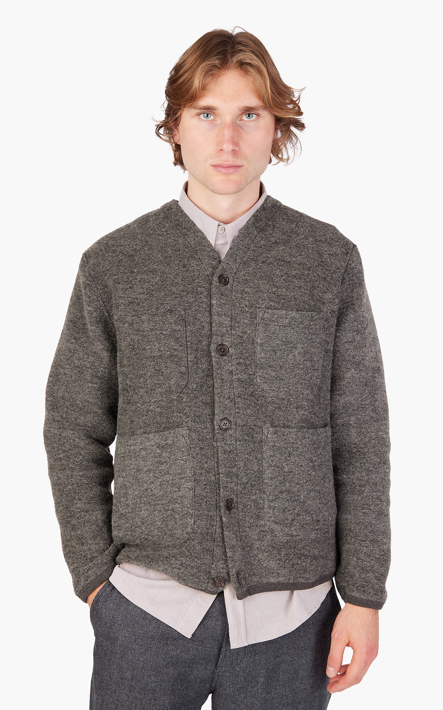 Universal Works Cardigan Wool Fleece Grey Marl | Cultizm Universal Works Cardigan Wool Fleece Grey Marl | Cultizm