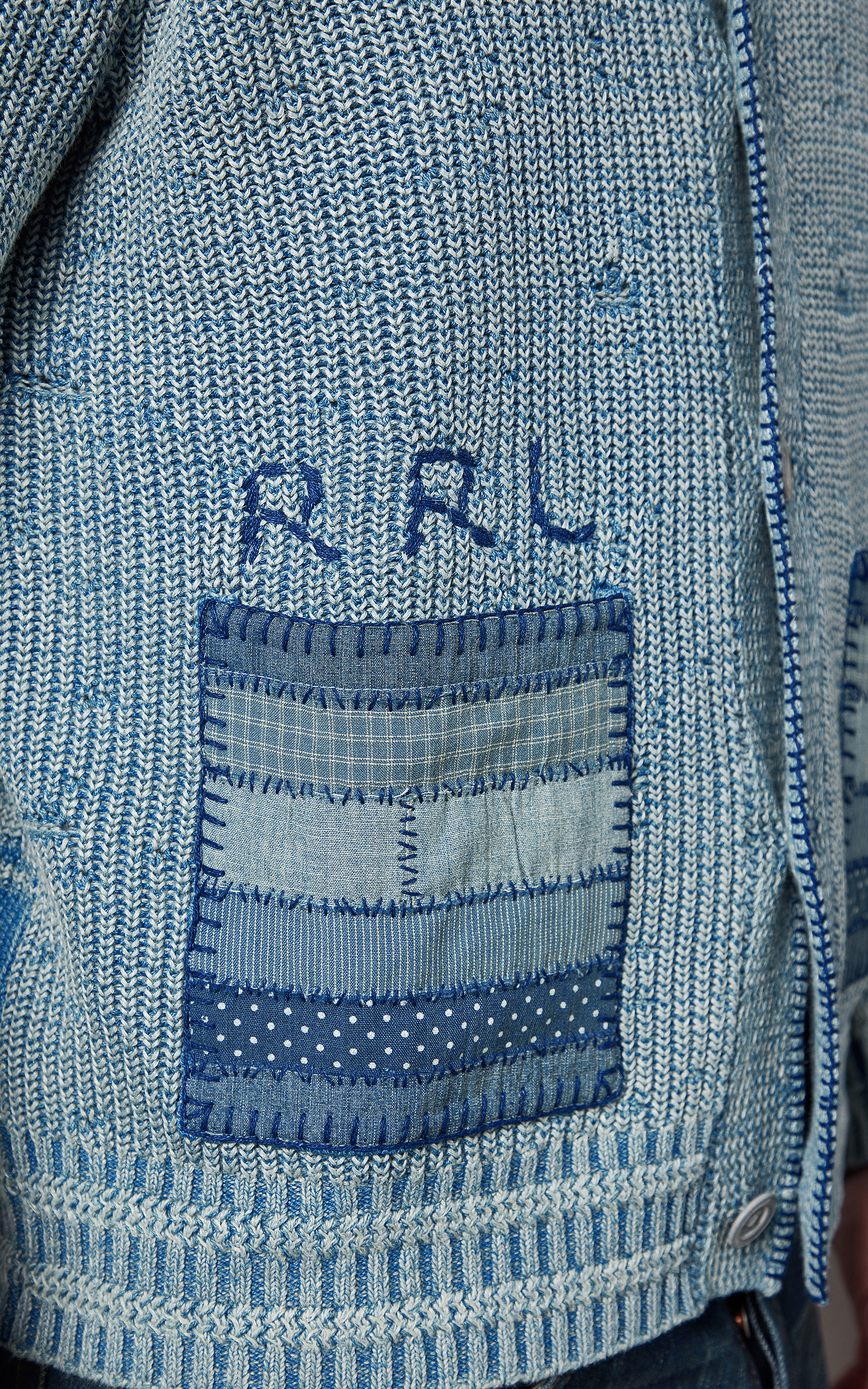 RRL Flag Patchwork Cotton-Blend Cardigan Light Indigo | Cultizm