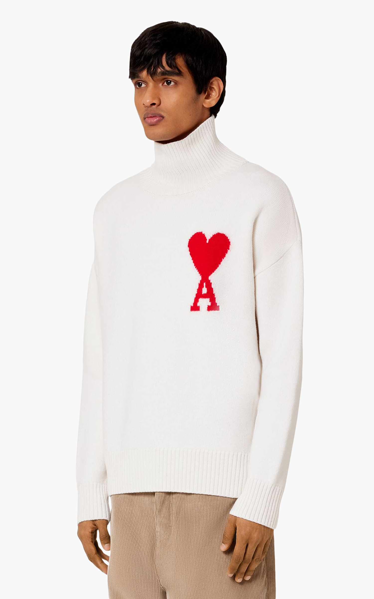 AMI Paris Ami De Coeur Funnel Neck Sweater Off-White/Red | Cultizm