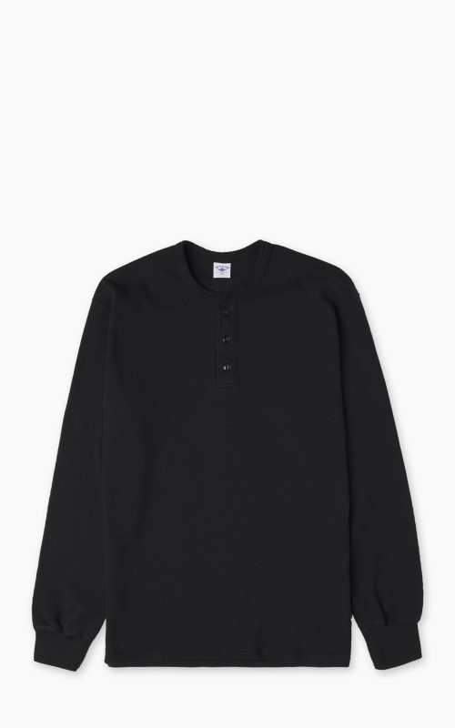 The Flat Head FN-THLH-004 Waffle Knit Henley Thermal Black