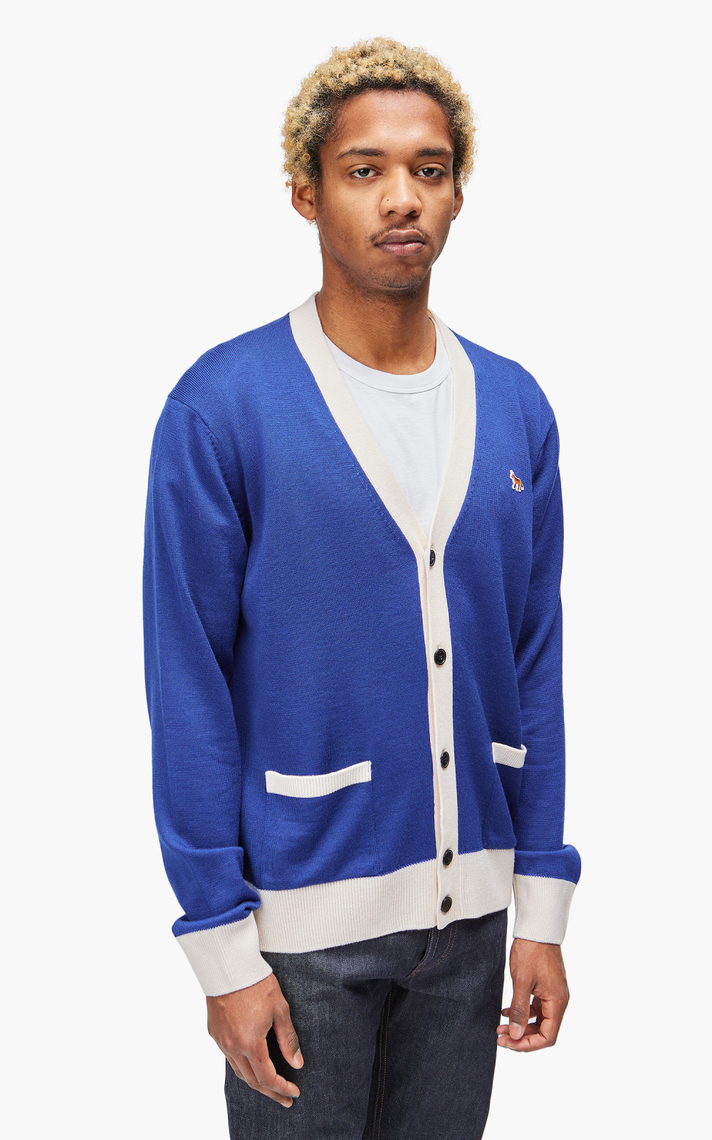 Maison Kitsuné Baby Fox Patch Bi-Color Classic Cardigan Deep Blue | Cultizm