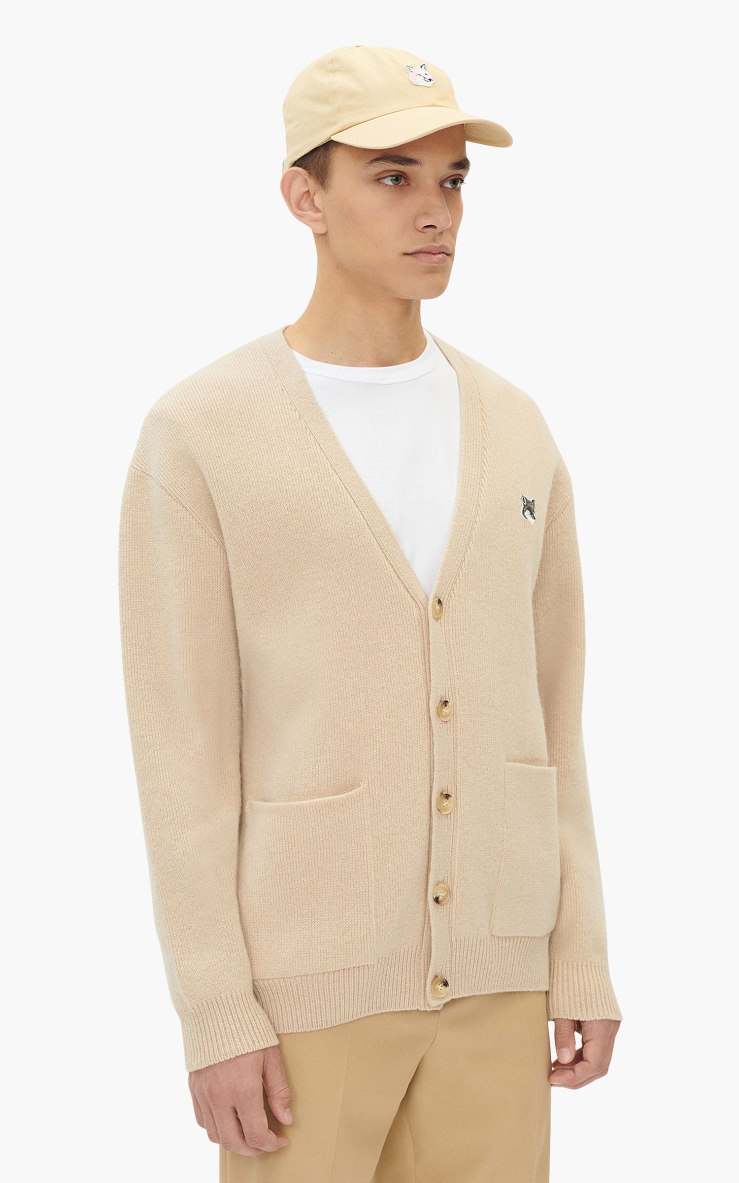 Maison Kitsuné Grey Fox Head Patch Relaxed Cardigan Beige