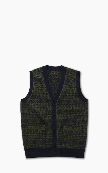 Beams Plus Indigo Fair Isle Knit Vest Green