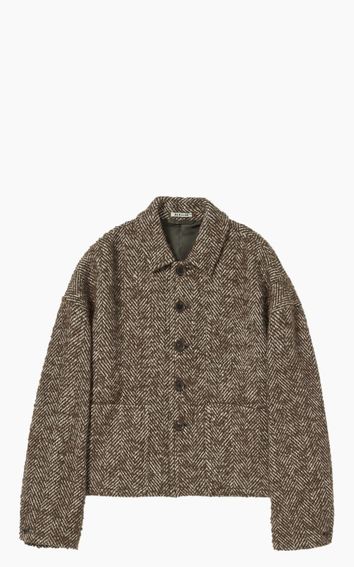 Auralee W Wool Alpaca Herringbone Tweed Short Blouson Brown Herringbone