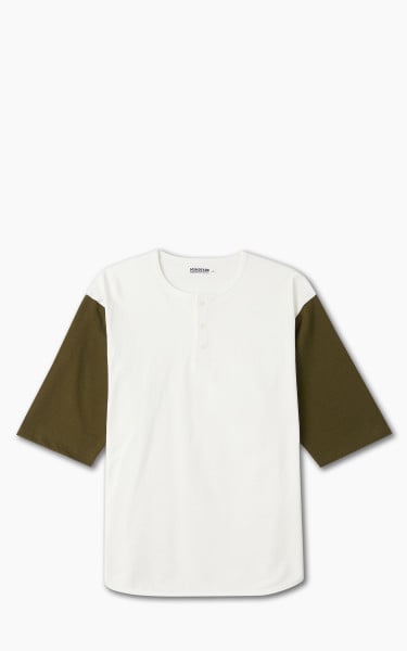 Momotaro Jeans Henley Baseball T-Shirt White/Olive