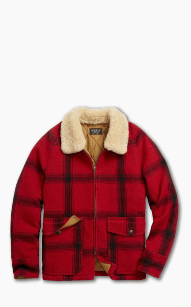 RRL Shearling-Collar Plaid Wool Jacket Red/Black Multi
