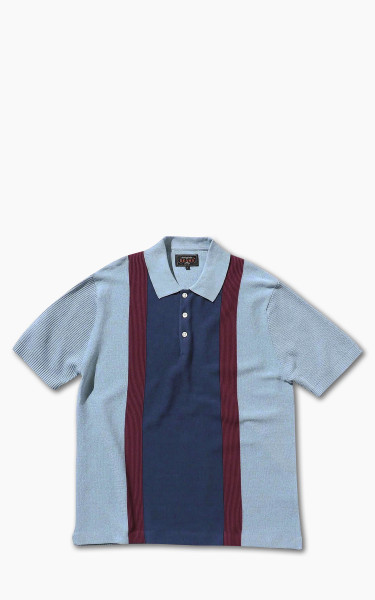 Beams Plus Cotton Knit Striped Polo Shirt Sax