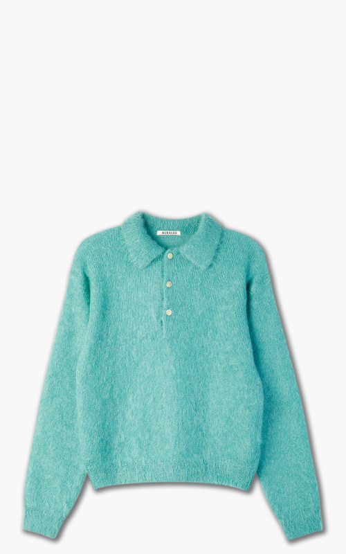 Auralee W Brushed Super Kid Mohair Knit Polo Blue