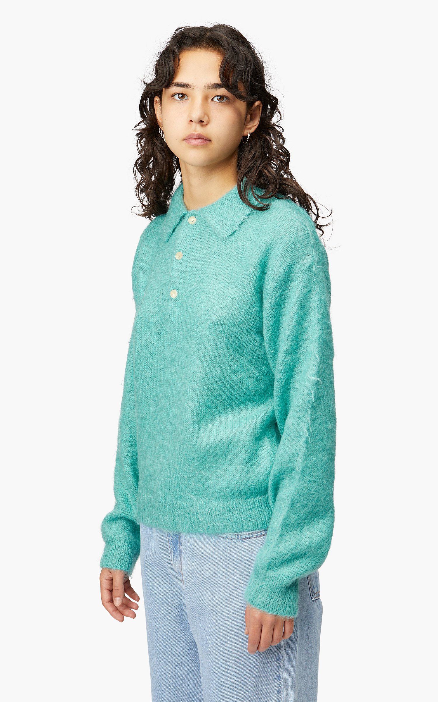 Auralee W Brushed Super Kid Mohair Knit Polo Blue | Cultizm