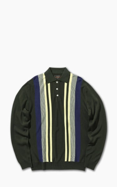 Beams Plus Knit 12-Gauge Striped Polo Shirt Green