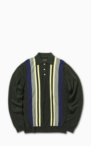 Beams Plus Knit Long Sleeve Polo Shirt Green