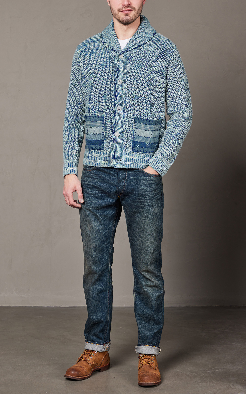 RRL Flag Patchwork Cotton-Blend Cardigan Light Indigo | Cultizm RRL Flag Patchwork Cotton-Blend Cardigan Light Indigo | Cultizm
