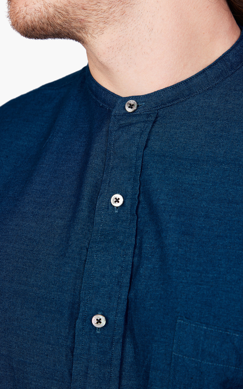 Beams Plus Classic Fit Chambray Band Collar Shirt Indigo