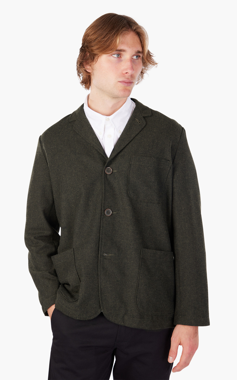 Universal Works Three Button Jacket Italian Tweed Olive Cultizm