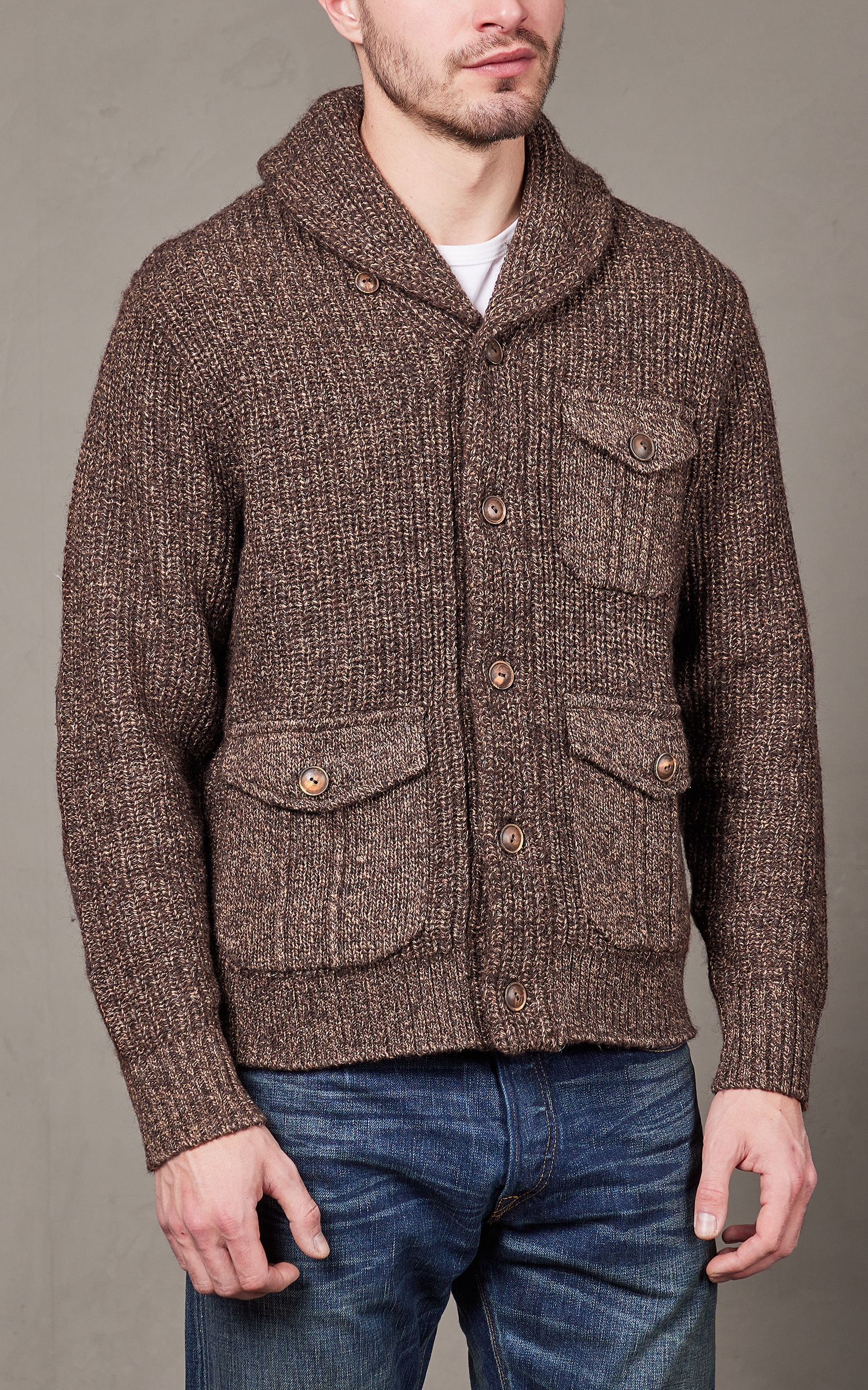 RRL Suede-Trim Marled Shawl Cardigan Brown Tan Marl | Cultizm