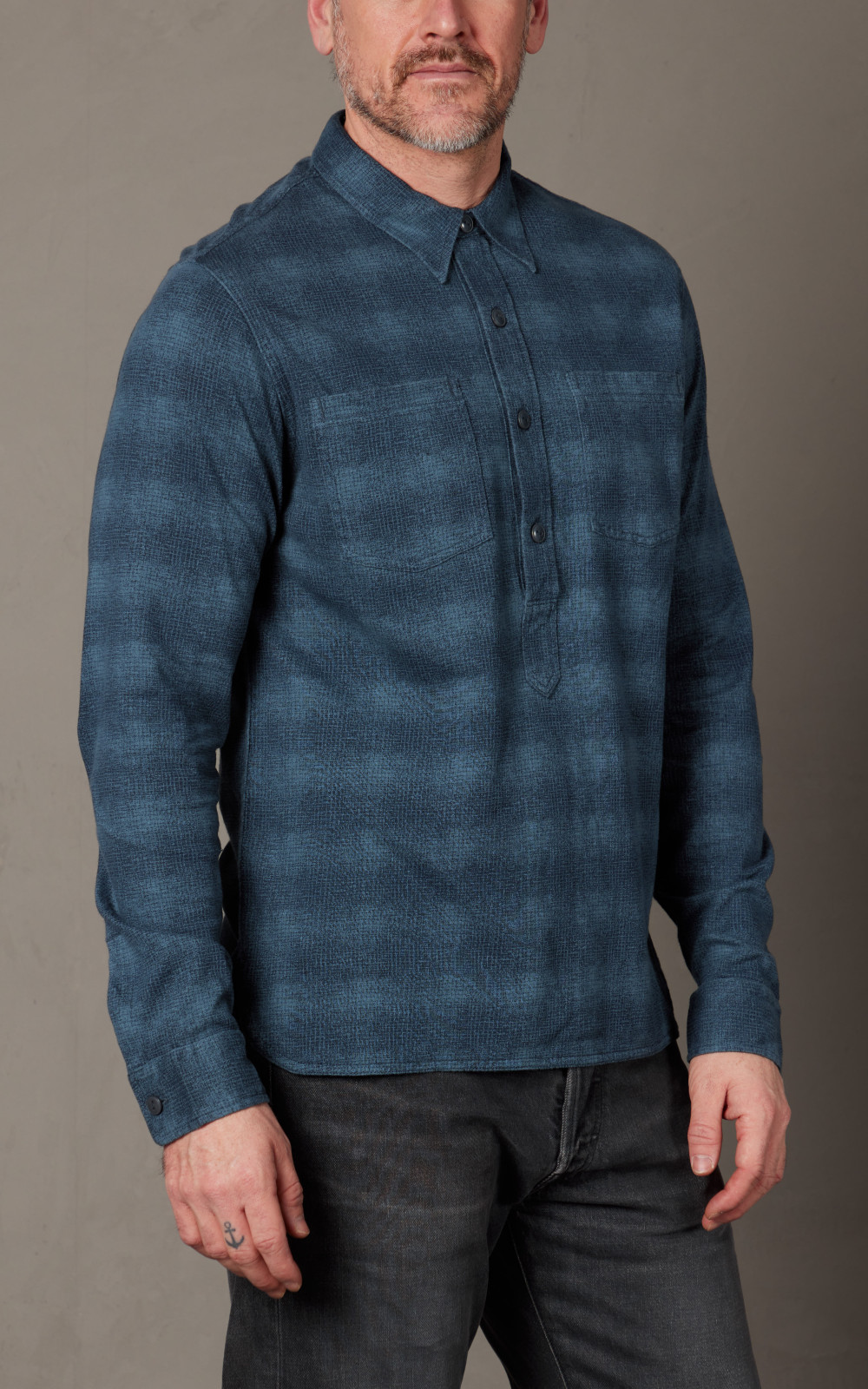 RRL Plaid-Print Jersey Popover Workshirt Navy/Blue | Cultizm