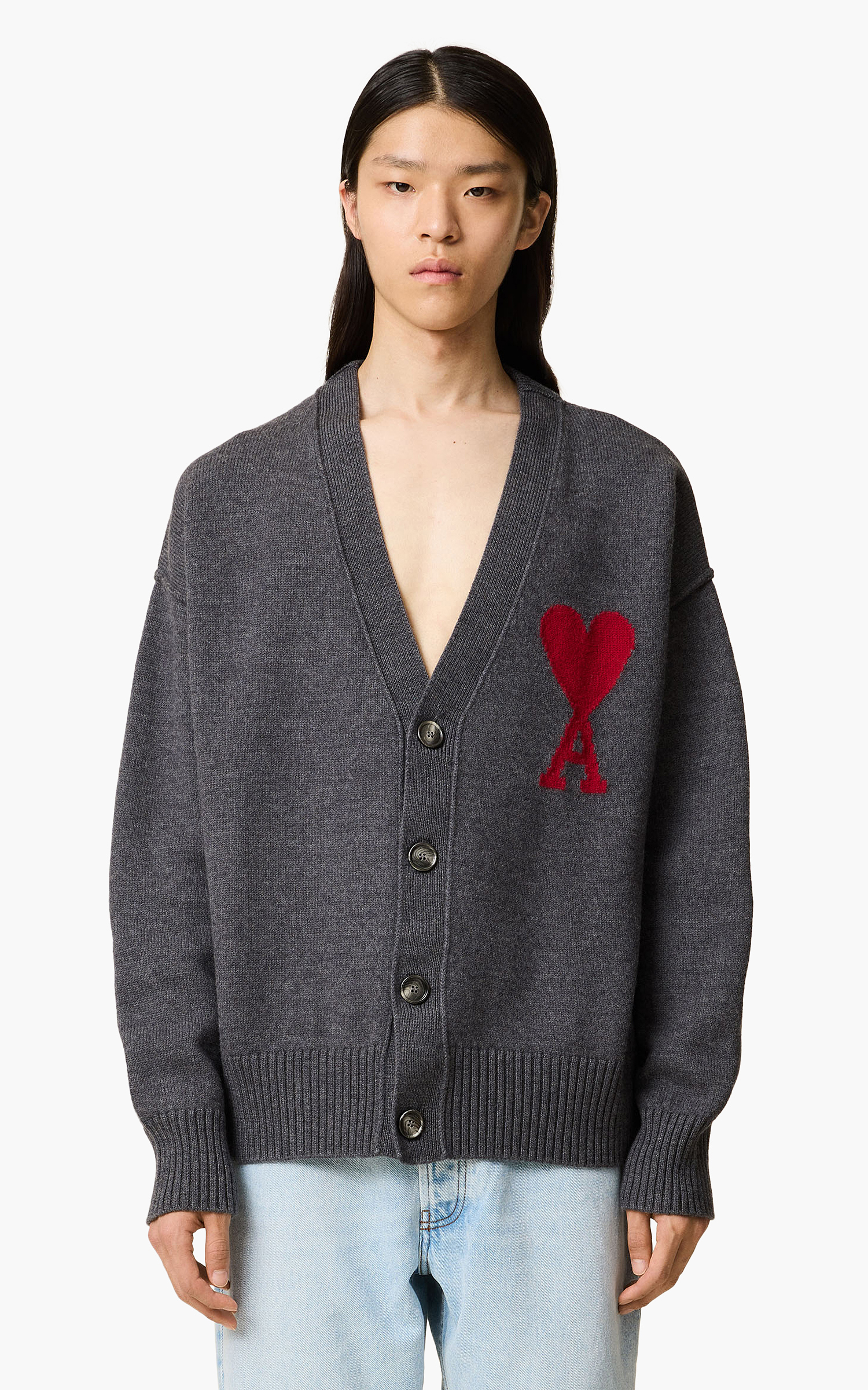 AMI Paris Red ADC Cardigan Heather Grey | Cultizm