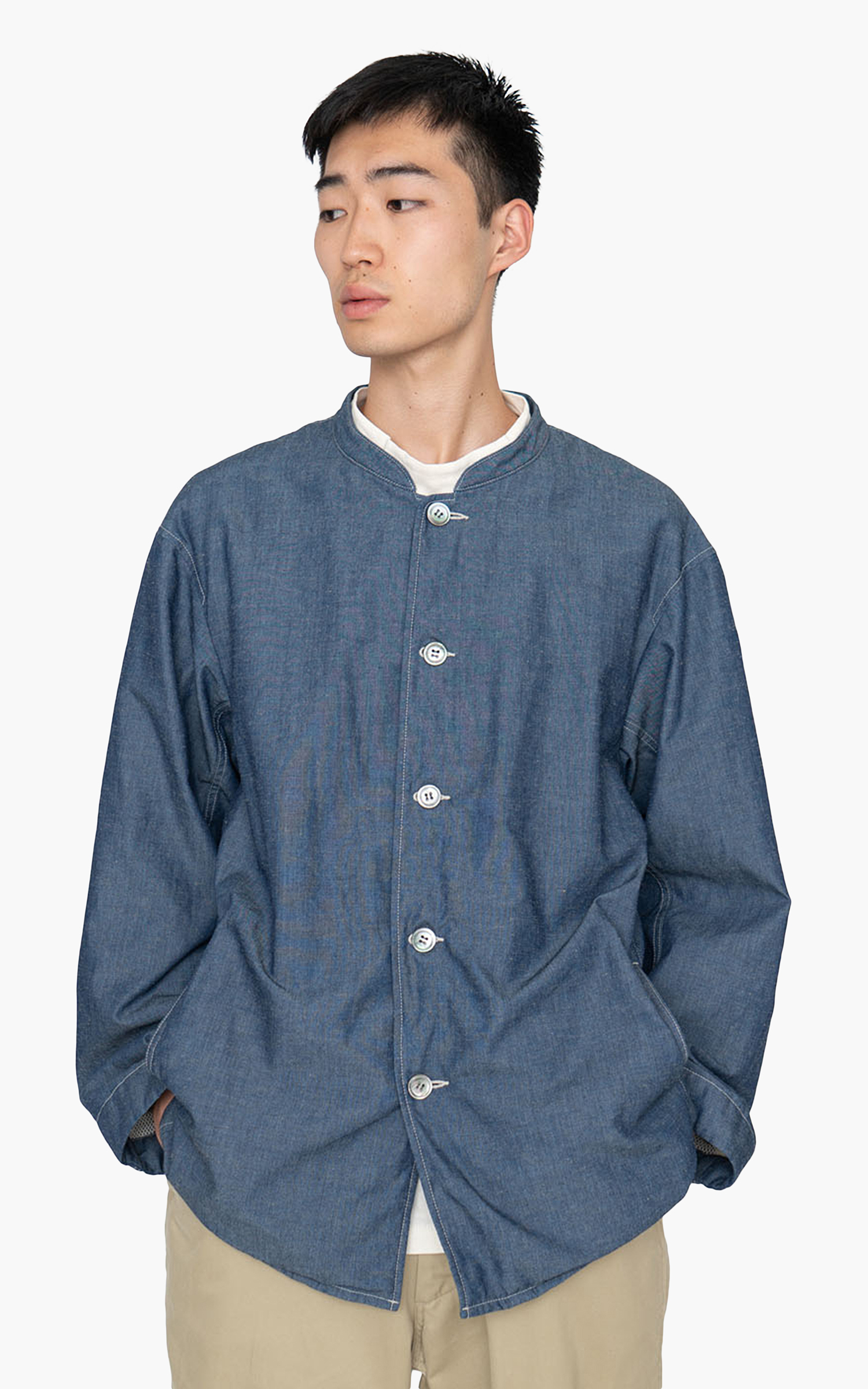 Nanamica Chambray Band Collar Jacket Indigo | Cultizm